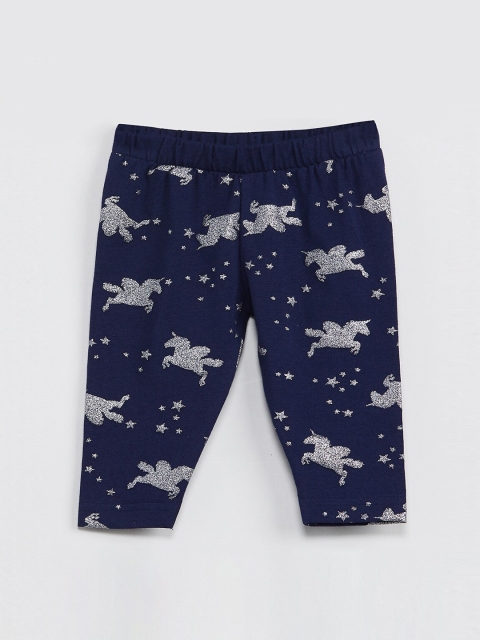 

max Infant Girls Blue & Silver-Toned Printed Ankle-Length Leggings