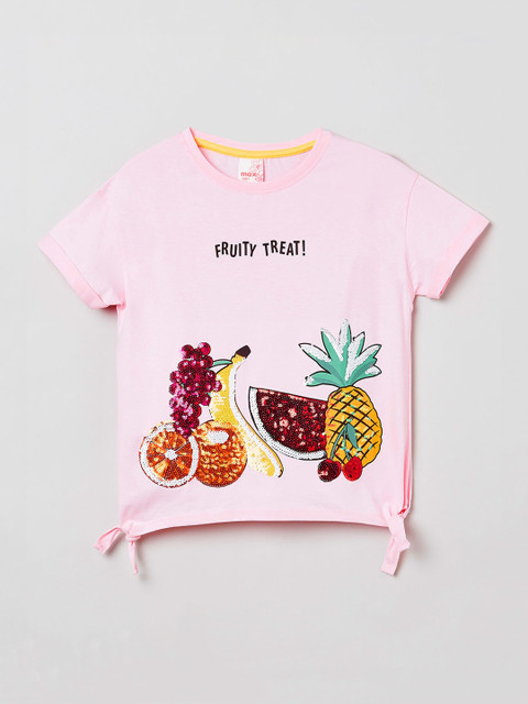 

max Girls Baby Pink & Red Sequinned T-shirt