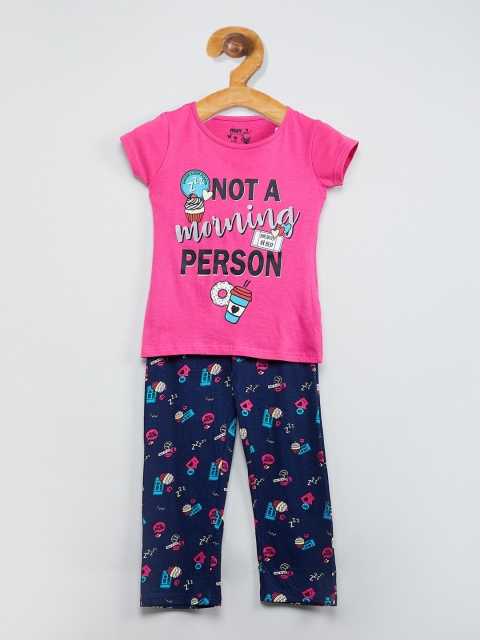 

max Girls Pink & Navy Blue Printed Night suit