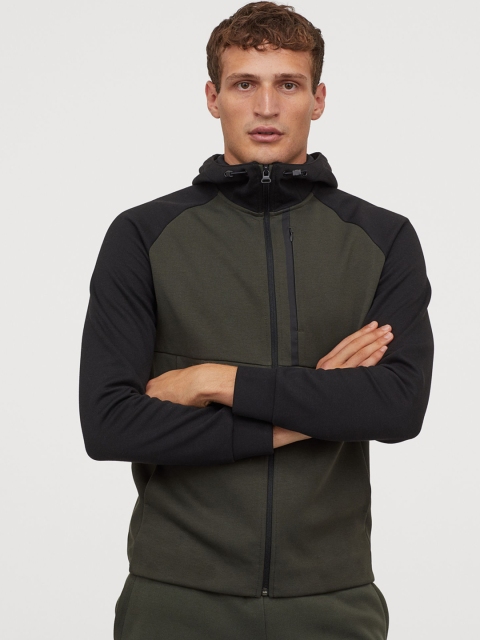 

H&M Men Olive Green & Black Colourblocked Track Jacket Regular Fit