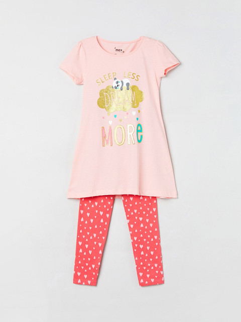 

max Girls Rose Pink & Coral Pink Printed Night suit