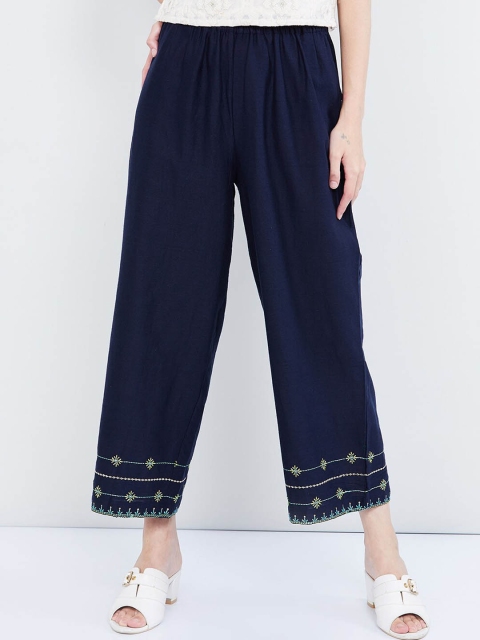 

max Women Blue Regular Fit Solid Regular Trousers