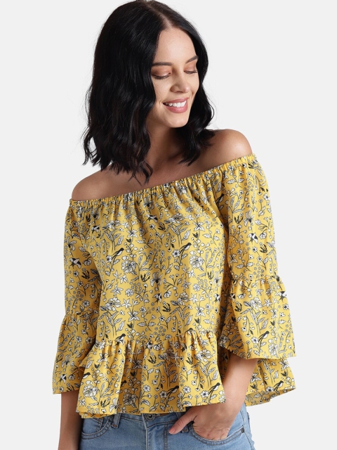 

Chumbak Women Yellow & Off-White Floral Printed Bardot Top