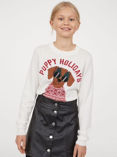 

H&M Girls White Fine-Knit Motif-Detail Jumper