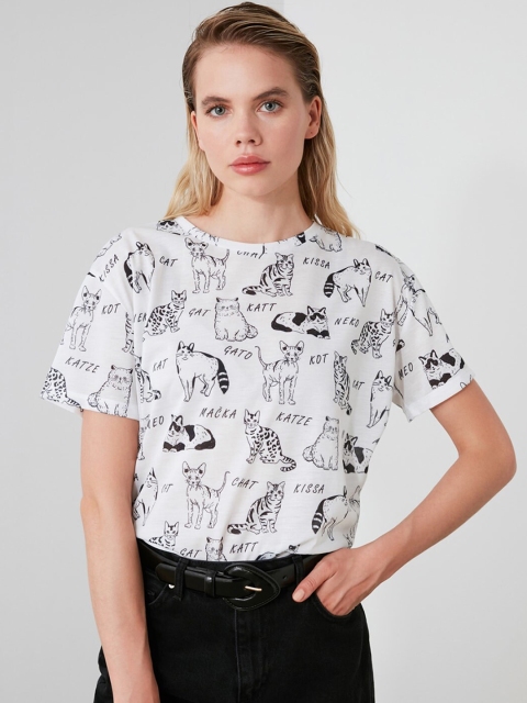 

TRENDYOL COLLECTION Women White Printed Round Neck T-shirt