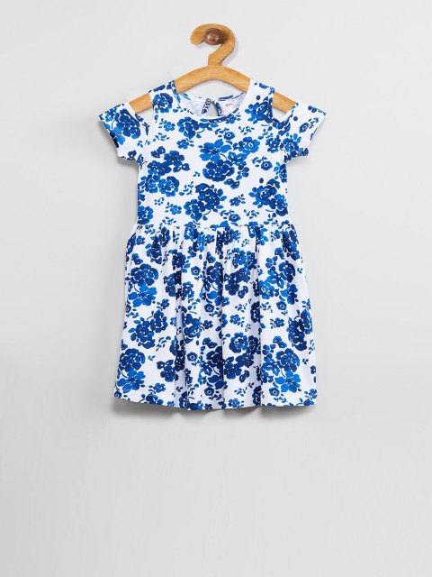 

max Girls White & Blue Printed A-Line Dress