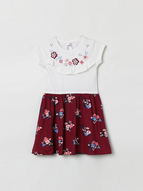 

max Girls White & Maroon Floral Print Fit and Flare Dress
