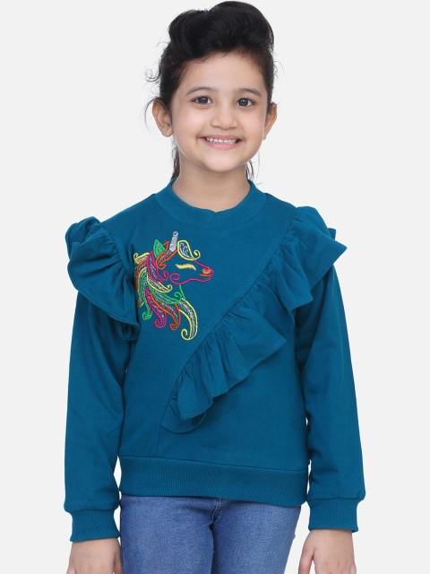

LilPicks Girls Teal Blue Embroidered Sweatshirt