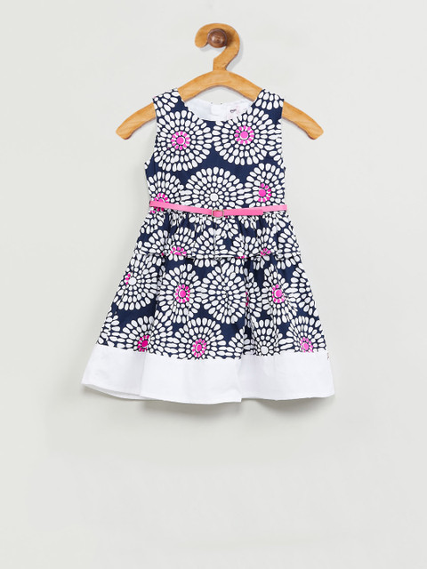 

max Girls Navy Blue & White Floral Printed Fit and Flare Dress