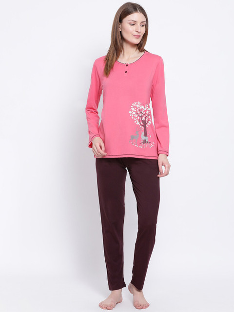 

Kanvin Women Pink & Brown Printed Night Suit