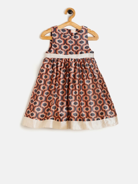 

Aomi Girls Navy Blue & Orange Mughal Printed Fit and Flare Dress