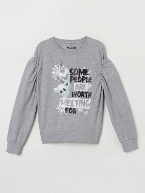 

max Girls Grey Melange & Black Frozen Print Drop Shoulder Sleeves T-shirt