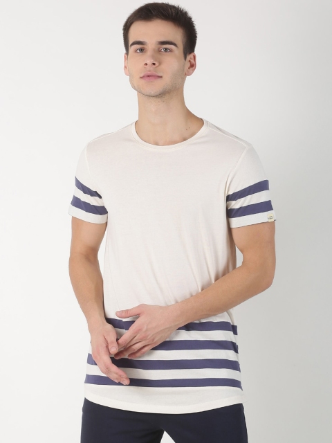 Soul Space Men White & Blue Striped Round Neck T-shirt
