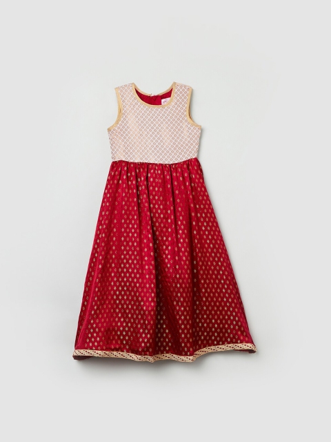 

max Girls Red & Cream Self Design Maxi Dress