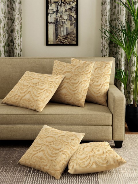 

DREAM WEAVERZ Cream-Coloured Set of 5 Self Design Square Cushion Covers