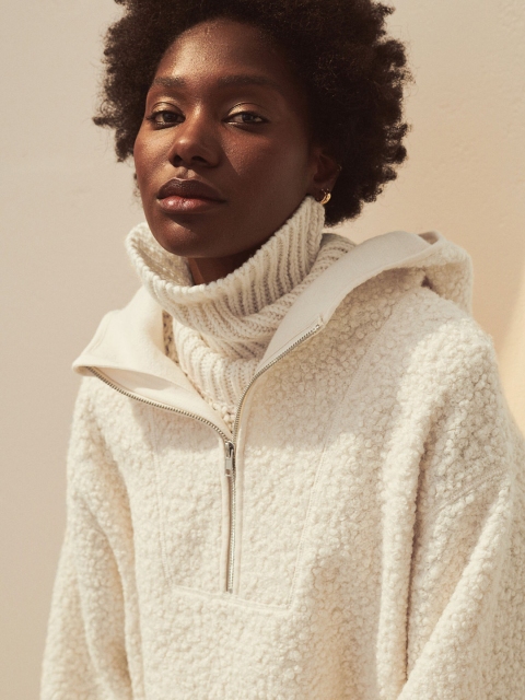

H&M Women Off-White Solid Faux Shearling Hoodie