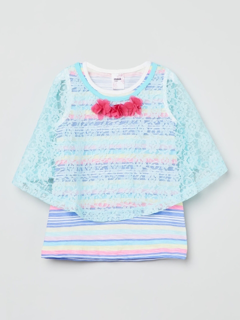 

max Girls Sea Green Striped Layered Pure Cotton Top