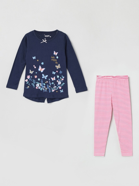 

max Girls Navy Blue & Pink Printed T-shirt with Leggings