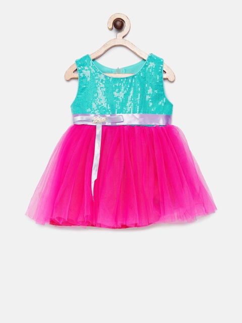 

Barbie by Many Frocks & Girls Turquoise Blue & Pink Colourblocked Fit and Flare Dress