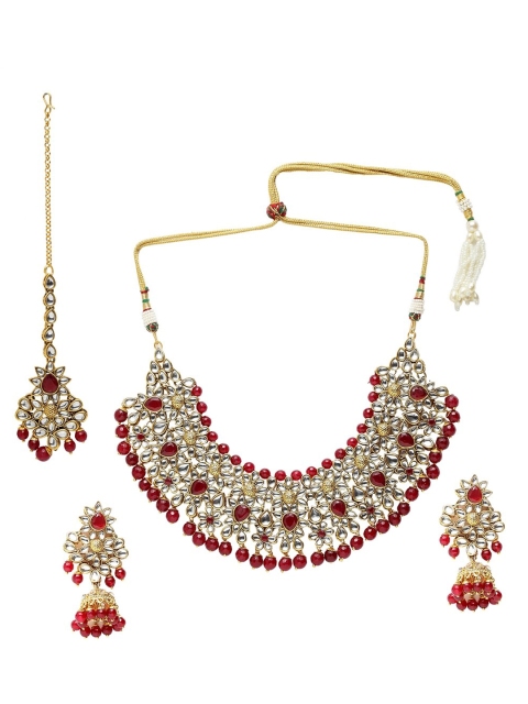 

ANIKAS CREATION Gold-Plated Maroon & White Kundan-Studded Handcrafted Jewellery Set