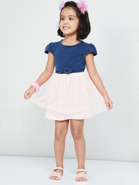 

max Girls Navy Blue & Pink Colourblocked Fit and Flare Dress