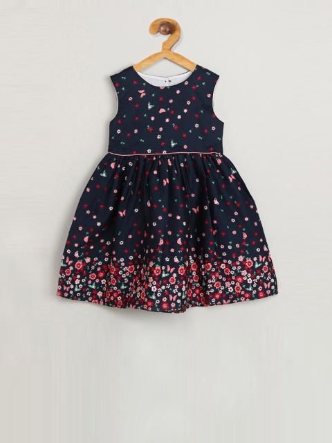 

max Girls Navy Blue Floral Printed Fit and Flare Dress