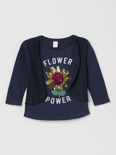 

max Girls Navy Blue & Yellow Floral Sequins Top