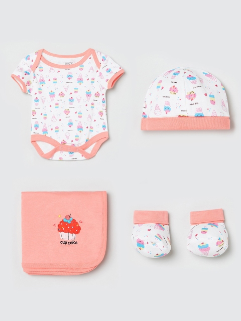 

max Girls Pack of 5 White & Peach-Coloured Printed Bodysuit, Cap, Wrapper & Booties