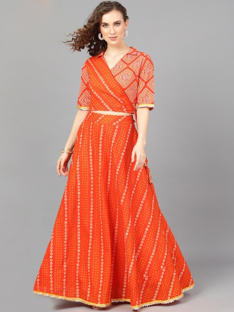 

AKS Orange & Off-White Bandhani Printed Ready to Wear Lehenga with Blouse
