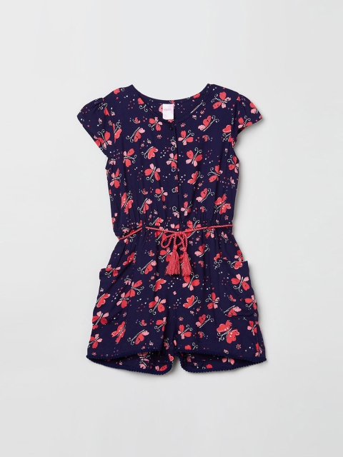 max Girls Navy Blue & Pink Printed Romper