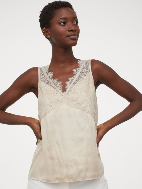 

H&M Women Beige Lace Detail Satin Top
