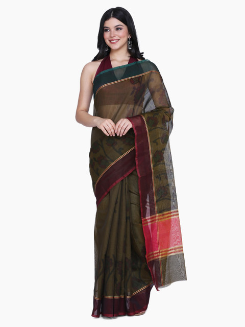 

BOMBAY SELECTIONS Green Cotton Blend Woven Design Chanderi Saree