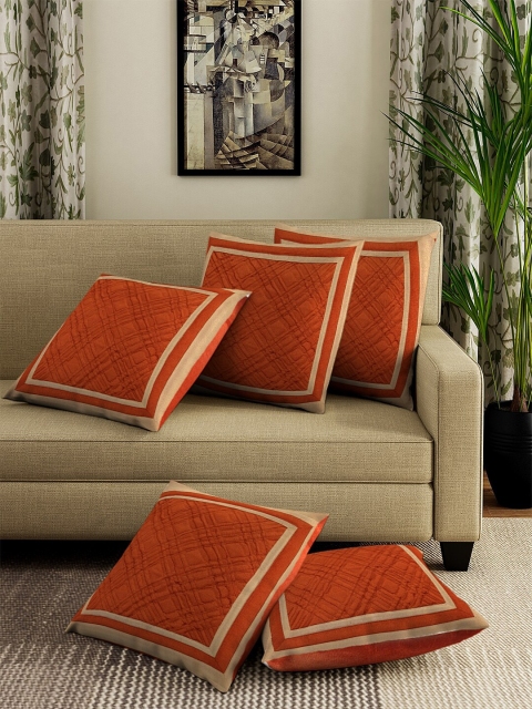 

DREAM WEAVERZ Set of 5 Orange & Off-White Self Design Square Cushion Covers