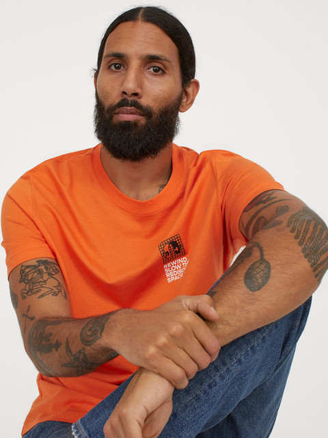 

H&M Men Orange Printed Cotton T-shirt, Multi