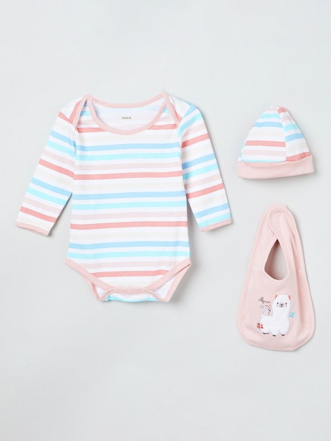 

MAX Girls Multicoloured Striped Romper with Bib and Cap, Multi