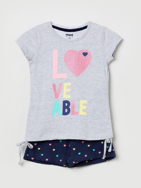 

max Girls Grey & Blue Printed T-shirt with Shorts