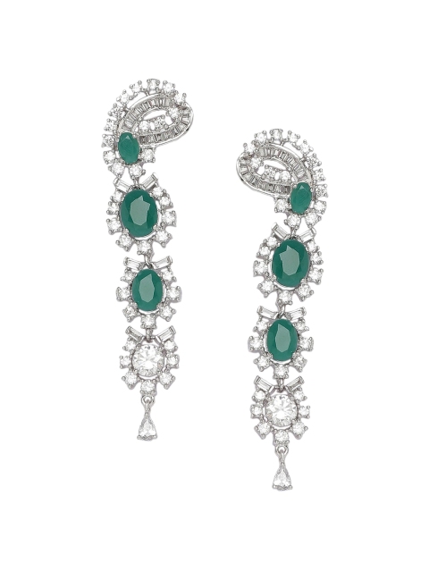 

INDYA Green & Silver-Plated Contemporary Drop Earrings