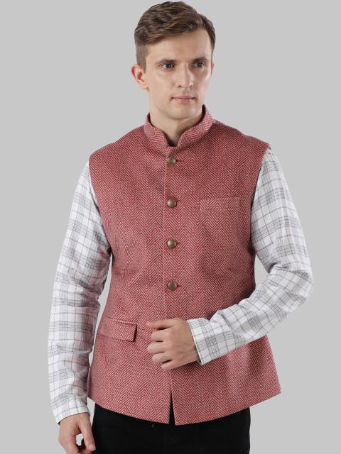 

Ethnix by Raymond Men Maroon & White Woven Design Nehru Jacket