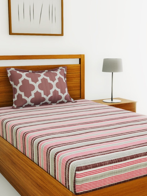 

BIANCA Pink & Grey Striped 144 TC Cotton 1 Single Bedsheet with 1 Pillow Covers