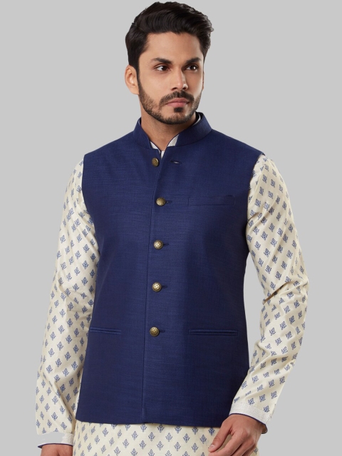 

Ethnix by Raymond Men Navy Blue Solid Woven Nehru Jacket
