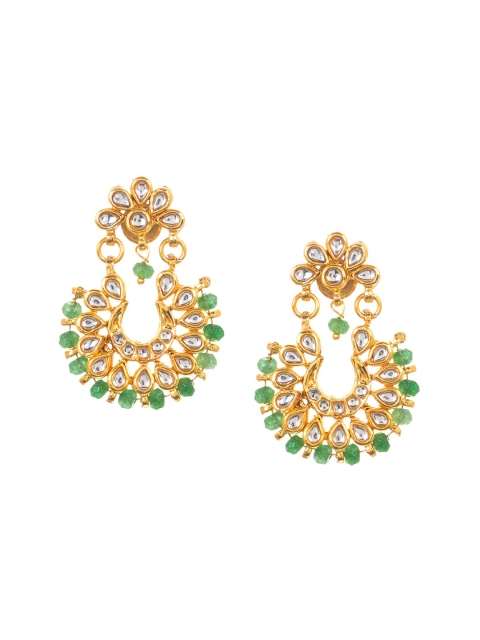 

INDYA Gold-Plated & Green Handcrafted Kundan Studded Crescent Shaped Chandbalis