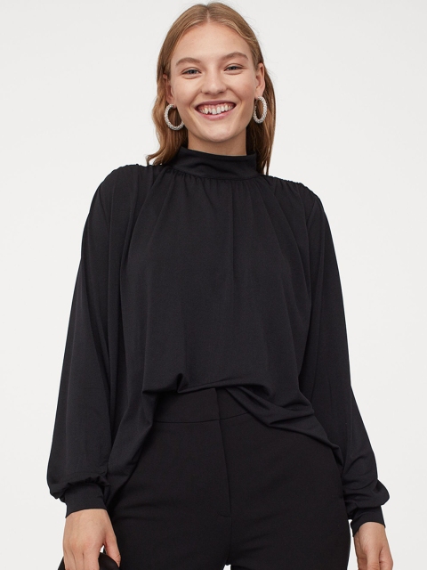 

H&M Women Black Solid Stand Up Collar Top