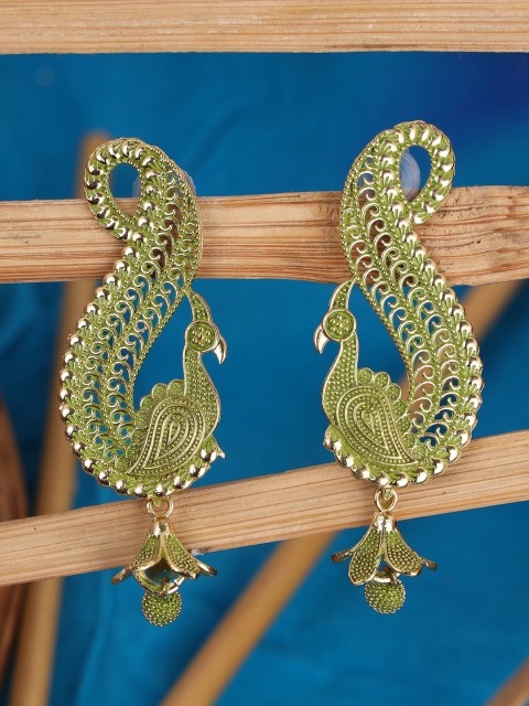 

ANIKAS CREATION Olive Green & Gold Peacock Shaped Drop Earrings