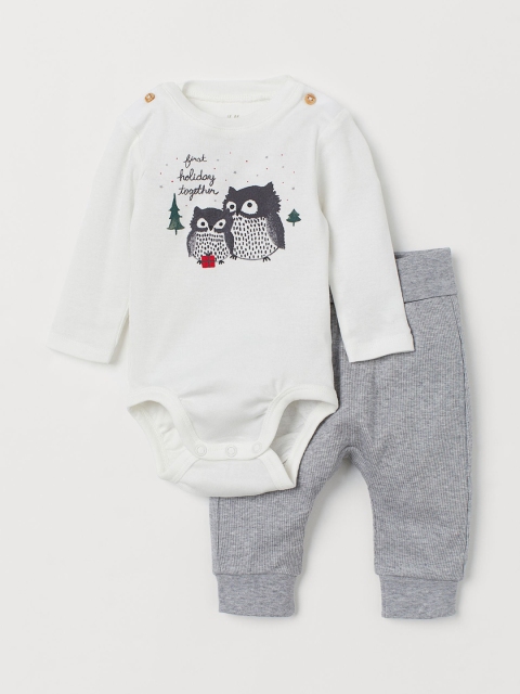 

H&M Girls White & Grey Printed 2-Piece Cotton Set