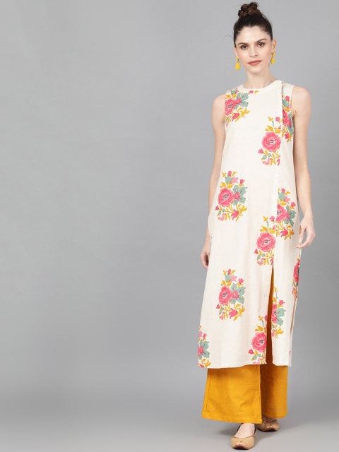 

AKS Women Off-White & Pink Printed Straight Kurta