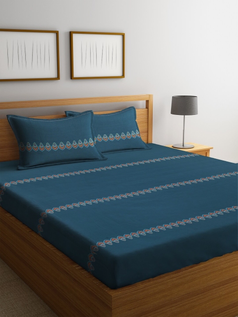 

Trident Teal Blue Ethnic Motifs 144 TC Cotton 1 Queen Bedsheet with 2 Pillow Covers
