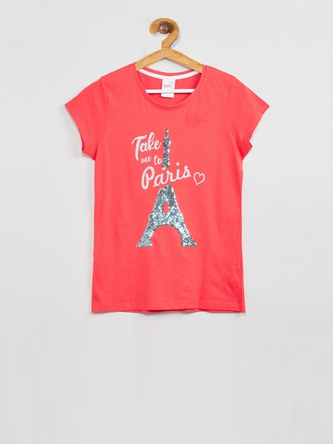 

max Girls Red Printed Round Neck T-shirt
