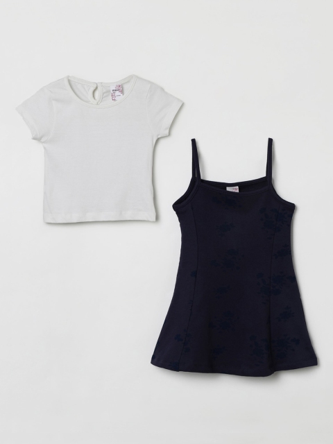 

max Girls Off-White & Navy Blue Printed A-Line Dress With T-shirt