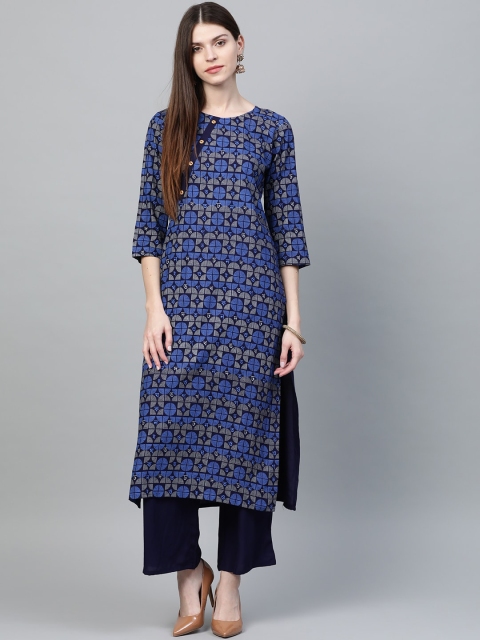 

ZIYAA Women Navy Blue Printed Straight Kurta