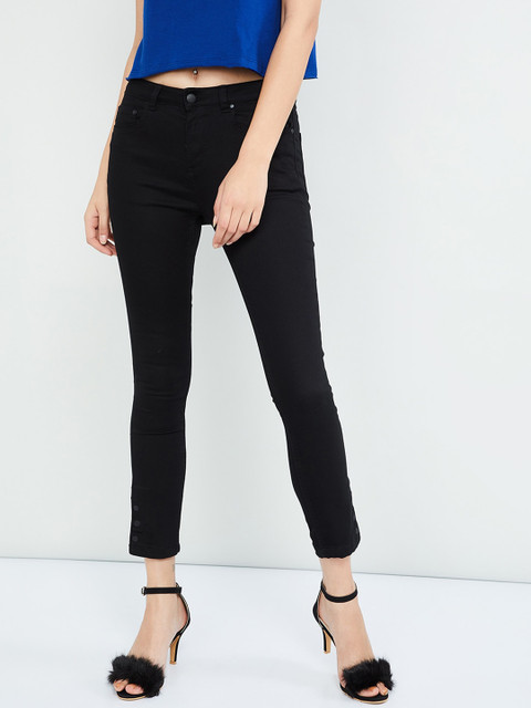 

max Women Black Skinny Fit Solid Regular Trousers